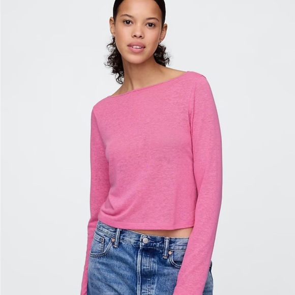 GAP Tops - Gap Linen-Blend Boatneck Crop T-Shirt | Size Large Tall | Burnt Orange